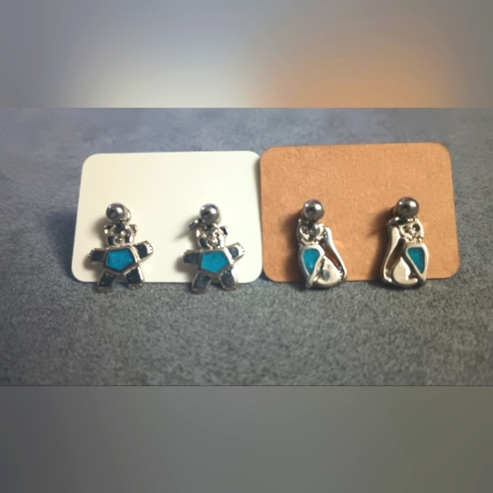 Earrings Bear & Cat Shapes Silver & Blue
